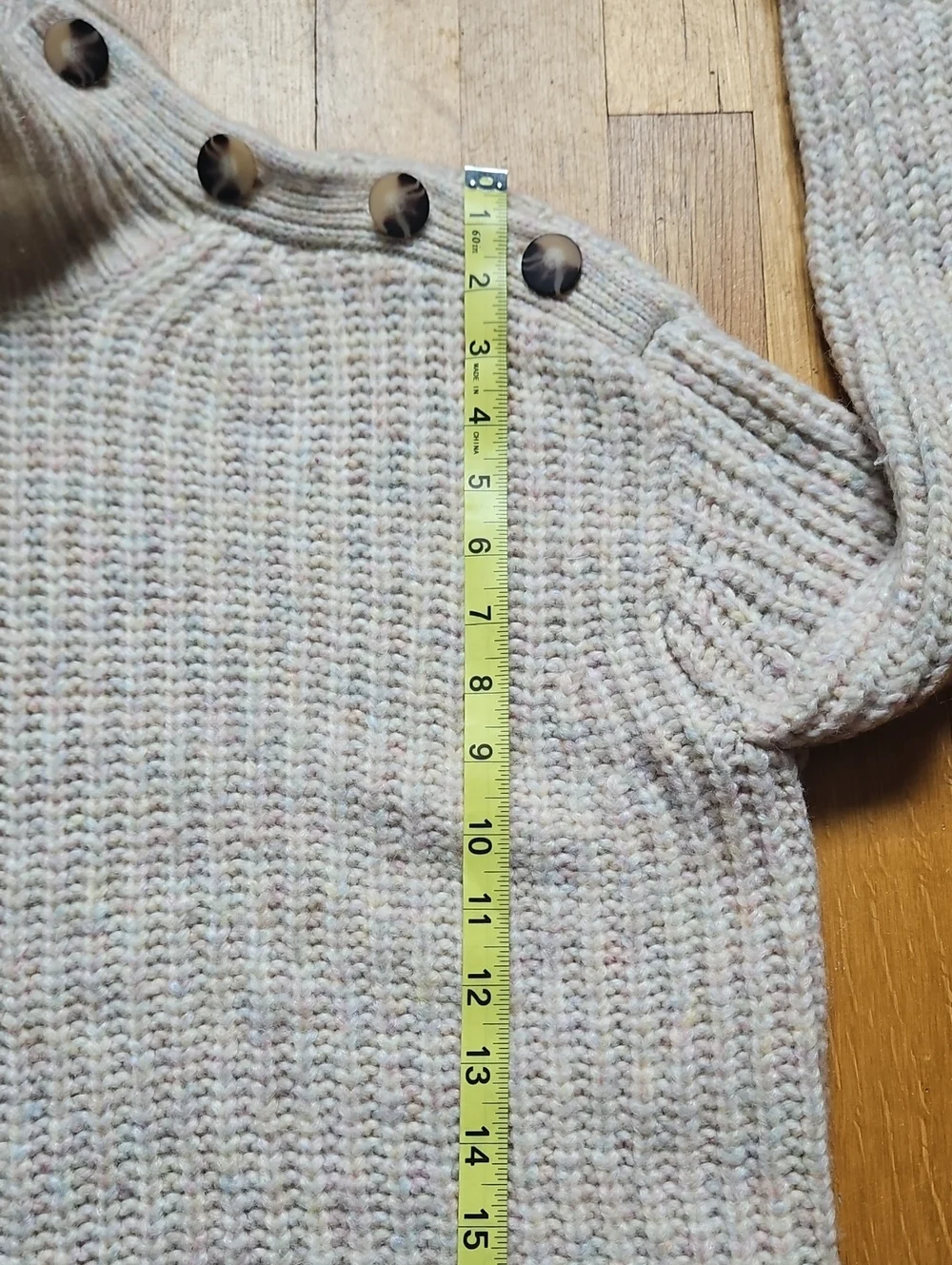 J. Crew Cream Wool Alpaca Wide Button High Neck Mottled Green And Pink Sweater